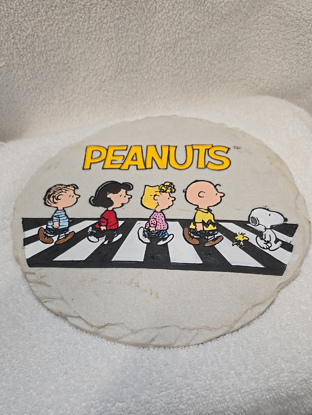 Peanuts Round Garden Stone/Wall Plaqu with Yellow Logo and Black-White Crosswalk